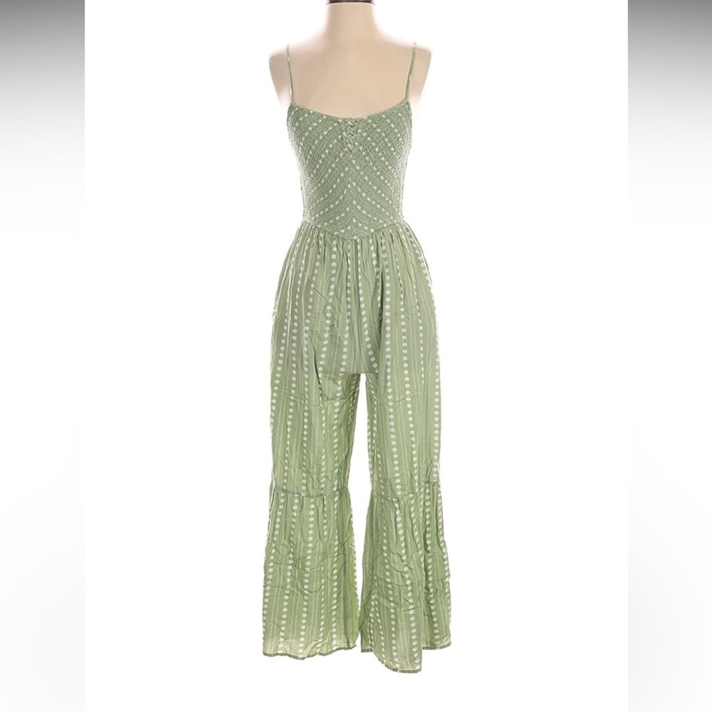 Sincerely Jules Jumpsuit SZ M Olive Green Stretchy Wide flare leg bell bottom
